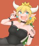  blonde_hair blue_eyes bowsette breasts claw_pose cleavage crown dress earrings fingernails highres horns jewelry large_breasts mario_(series) new_super_mario_bros._u_deluxe pointy_ears ponytail sharp_fingernails sharp_teeth shell spiked_shell super_crown teeth wotsumiki_(sakura-yuzu) 