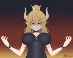  1girl armlet artist_name bare_shoulders black_dress black_nails blonde_hair blue_eyes blush bowsette bracelet breasts cleavage collar crown dress earrings fire horns jewelry kunaless large_breasts long_hair looking_at_viewer mario_(series) nail_polish new_super_mario_bros._u_deluxe nintendo pointy_ears sharp_teeth spiked_bracelet spiked_collar spiked_shell spikes strapless strapless_dress super_crown super_mario_bros. teeth 