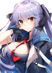  azur_lane bangs black_gloves black_ribbon blue_cloak blue_dress blue_hair blush braid breasts cleavage cleavage_cutout collared_cloak collared_dress commentary_request dress essex_(azur_lane) eyebrows_visible_through_hair floating_hair french_braid gloves hair_ribbon hand_on_own_cheek highres kinona long_hair looking_at_viewer medium_breasts necktie partly_fingerless_gloves red_neckwear ribbon sketch solo twintails upper_body white_background yellow_eyes 