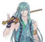  aqua_eyes aqua_hair armlet black_gloves chiyoganemaru closed_mouth fingerless_gloves gloves hair_ornament holding holding_sword holding_weapon japanese_clothes long_hair looking_at_viewer male_focus over_shoulder pota_(bluegutty) sheath sheathed smile solo sword touken_ranbu twitter_username upper_body very_long_hair weapon white_background 