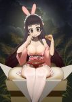  animal_ears bangs blunt_bangs blush breasts brown_hair bunny_ears choker cleavage cloud cloudy_sky commentary_request cup eating feet_out_of_frame food head_tilt highres holding holding_food japanese_clothes kimono large_breasts legs_together long_hair looking_at_viewer maid_headdress mooncake night night_sky nijitama_shiyushiyu original pasties pink_kimono pink_legwear sakazuki sitting sky solo star_(sky) starry_sky thick_thighs thighhighs thighs tsukimi very_long_hair 