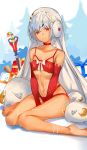 altera_(fate) altera_the_santa animal bangs bare_legs bare_shoulders breasts choker christmas_tree commentary dark_skin detached_sleeves earmuffs fate/grand_order fate_(series) feet full_body full_body_tattoo gift hair_ornament highres hips horz legs looking_at_viewer midriff mittens navel parted_lips photon_ray red_eyes revealing_clothes seiza sheep short_hair sitting small_breasts smile solo star stomach tan tattoo thighs veil weapon white_hair 