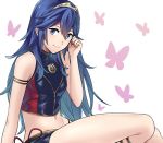  a_meno0 alternate_costume armband bare_arms bare_legs bare_shoulders blue_eyes blue_hair breasts bug butterfly closed_mouth commentary crop_top fire_emblem fire_emblem:_kakusei fire_emblem_cipher gold_trim groin hair_tucking hand_in_hair hand_up insect long_hair looking_at_viewer lucina navel shorts small_breasts smile stomach swimsuit thighs tiara turtleneck white_background 