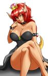  1girl :d bare_shoulders borrowed_character bowsette breasts brooch claws crown eyebrows_visible_through_hair eyes_visible_through_hair fangs hair_between_eyes horns jewelry large_breasts long_hair mario_(series) monster_girl nintendo open_mouth ponytail red_hair smile solo spiked_tail spikes super_mario_bros. tail teeth yellow_eyes zantyarz 