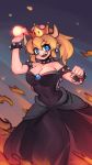  armlet bare_shoulders black_dress blonde_hair blue_eyes blush bowsette bracelet breasts collar covered_navel crown difmanm dress earrings eyebrows_visible_through_hair fire fireball highres horns jewelry large_breasts long_hair mario_(series) new_super_mario_bros._u_deluxe no_nose open_mouth pointy_ears ponytail sharp_teeth smile solo spiked_armlet spiked_bracelet spiked_collar spiked_shell spikes strapless strapless_dress super_crown teeth throwing transformation turtle_shell 