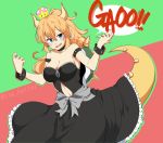  blonde_hair blue_eyes bow bowsette bracelet breasts breathing_fire cleavage collar crown dress fangs fire gao highres horns jewelry kuro_neko_(artist) large_breasts lizard_tail long_hair mario_(series) navel new_super_mario_bros._u_deluxe ponytail shell spiked_armlet spiked_bracelet spiked_collar spiked_shell spiked_tail spikes super_crown tail 