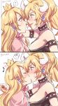  2koma armlet bare_shoulders black_collar black_dress black_nails blonde_hair blue_eyes blush bowsette breasts cleavage closed_eyes collar comic commentary_request crown dress ear_blush earrings fingernails from_side highres horns jewelry kiss large_breasts looking_at_another mario_(series) multiple_girls nail_polish new_super_mario_bros._u_deluxe open_mouth pink_dress pointy_ears princess_peach sharp_fingernails sharp_teeth spiked_armlet spiked_collar spikes strapless strapless_dress super_crown super_mario_bros. surprise_kiss surprised sweatdrop teeth yukari_(bryleluansing) yuri 