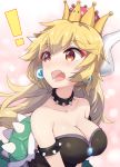  bare_shoulders blonde_hair blue_earrings blush bowsette breasts cleavage collar collarbone commentary_request crown earrings fang freckles highres horns jewelry large_breasts looking_to_the_side mario_(series) new_super_mario_bros._u_deluxe open_mouth red_eyes shell spiked_armlet spiked_collar spiked_shell spikes super_crown super_mario_bros. upper_body zhayin-san 