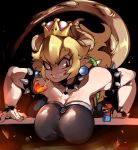  bare_shoulders black_dress blonde_hair bowsette bracelet breasts collar crown doppel_(pixiv) dress earrings eyelashes fangs giantess grin highres horns jewelry large_breasts lizard_tail mario mario_(series) new_super_mario_bros._u_deluxe pointy_ears red_eyes slit_pupils smile solo_focus spiked_bracelet spiked_collar spikes super_crown tail 