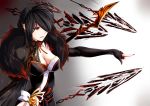  1girl ara_han bangs black_dress black_gloves black_hair black_nails breasts cleavage devi_(elsword) dress elsword eyebrows fur_trim gloves hair_ornament hair_over_one_eye highres jewelry long_hair looking_to_the_side nail_polish open_mouth pointing polearm projectile red_eyes red_ribbon ribbon sleeved_gloves smile spear weapon 