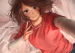  absurdres bed_sheet blue_eyes blush brown_hair character_name closed_mouth faiz_azhar highres long_sleeves looking_at_viewer lying on_back on_bed original reaching_out red_shirt riva_isamu self_shot shirt short_over_long_sleeves short_sleeves signature smile solo upper_body 