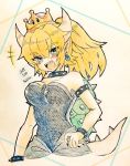  1girl :d bare_shoulders black_collar blonde_hair blue_eyes blush bowsette bracelet breasts brooch cleavage collar crown earrings eyebrows_visible_through_hair horns jewelry long_hair looking_at_viewer mario_(series) medium_breasts new_super_mario_bros._u_deluxe open_mouth pointy_ears smile solo spiked_bracelet spiked_collar spikes strapless super_crown tail thick_eyebrows traditional_media tsukihi_(tsukihin) turtle_shell 