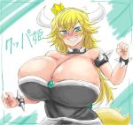  alternate_eye_color bare_arms bare_shoulders black_collar black_dress blonde_hair blush borrowed_design bowsette bracelet breasts bursting_breasts cleavage collar commentary_request crown dress flying_sweatdrops green_background green_eyes horns huge_breasts impossible_clothes impossible_dress jewelry long_hair looking_at_viewer mario_(series) new_super_mario_bros._u_deluxe ponytail princess sharp_teeth silver_trim solo spiked_armlet spiked_bracelet spiked_collar spiked_shell spiked_tail spikes strapless strapless_dress super_crown tail taishoo teeth translation_request turtle_shell upper_body v-shaped_eyebrows 