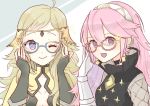  ahoge artist_name bespectacled blonde_hair blue_eyes circlet closed_mouth commentary_request fire_emblem fire_emblem_heroes fire_emblem_if glasses gloves hairband long_hair multiple_girls one_eye_closed open_mouth ophelia_(fire_emblem_if) pink_eyes pink_hair smile soleil_(fire_emblem_if) solfa_main 