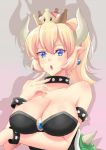  bangs bare_shoulders black_dress blonde_hair blue_eyes bowsette bracelet breasts cleavage collar collarbone commentary crown dress earrings eyebrows_visible_through_hair fang gradient gradient_background grey_background hair_between_eyes head_tilt jewelry large_breasts long_hair mario_(series) mini_crown new_super_mario_bros._u_deluxe parted_lips pink_background pointy_ears ponytail shadow solo spiked_bracelet spiked_collar spiked_shell spikes strapless strapless_dress super_crown turtle_shell villyane 