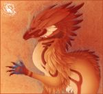  2012 5_fingers ambiguous_gender averrisvis blue_eyes curved_horn digital_media_(artwork) dragon feathered_dragon feathers fur orange_fur red_fur 