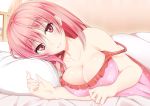 bed blush breasts cleavage close long_hair no_bra pajamas pink_eyes pink_hair yahari_ore_no_seishun_love_come_wa_machigatteiru. yuigahama_yui yuu_(oosakazaijyuu) 
