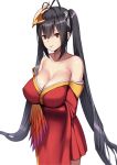  ahoge azur_lane bangs bare_shoulders black_hair breasts cleavage commentary_request eyebrows_visible_through_hair hair_between_eyes hair_ornament huge_breasts japanese_clothes kimono large_breasts long_hair long_sleeves murumuru_(pixiv4724749) obi red_eyes sash solo taihou_(azur_lane) very_long_hair wide_sleeves 