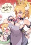  2girls anger_vein apron bangs bare_shoulders between_breasts black_collar black_dress blank_eyes blonde_hair blue_eyes blue_overalls blush bowsette bowsette_jr. bracelet breasts chinese_commentary cleavage closed_eyes collar collarbone commentary confiscation crown dress emphasis_lines english eyebrows_visible_through_hair facial_hair fang flat_cap forked_eyebrows grey_apron hair_between_eyes hand_on_hip hat horns jewelry large_breasts mario mario_(series) mini_crown mixed-language_commentary mother_and_daughter multiple_girls mustache new_super_mario_bros._u_deluxe nintendo_switch nose_blush o_o open_mouth overalls ponytail punishment red_hat red_shirt sharp_teeth shirt signature single_letter spiked_armlet spiked_bracelet spiked_collar spiked_shell spikes strapless strapless_dress super_crown super_mario_bros. sweat tail tearing_up tears teeth thick_eyebrows toku_(ke7416613) turtle_shell v-shaped_eyebrows wide_oval_eyes 