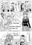  &gt;_&lt; 4girls :3 :d anchor_hair_ornament armpits bare_shoulders blush braid breasts comic commentary_request corset eyebrows_visible_through_hair french_braid gloves gotland_(kantai_collection) greyscale hair_between_eyes hair_bun hair_ornament half_gloves hand_up hat highres italian kantai_collection large_breasts long_hair long_sleeves looking_at_viewer low_twintails military military_uniform mini_hat mole mole_under_eye monochrome multiple_girls munmu-san norwegian open_mouth partial_commentary peaked_cap pola_(kantai_collection) prinz_eugen_(kantai_collection) remodel_(kantai_collection) sailor_collar salute shirt sidelocks skirt smile smokestack sweat sweater swedish translated twintails uniform wavy_hair xd zara_(kantai_collection) 