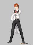  black_footwear black_pants copyright_name crossed_arms formal full_body grey_background grey_vest highres looking_at_viewer male_focus necktie official_art orange_eyes orange_hair pants pota_(bluegutty) red_neckwear reki_connect simple_background smile standing suit vest watermark white_suit 