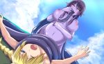  1boy 1girl areolae belly black_sclera blonde_hair blue_eyes blush breasts coiled day green_eyes lamia large_breasts long_tongue monster_girl munio navel nipples one_eye_closed open_mouth original outdoors pointy_ears purple_hair purple_skin restrained tongue 