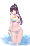  bangs bikini black_hair blade_&amp;_soul blunt_bangs blush breasts cleavage contrapposto earrings finger_to_mouth highres jewelry large_breasts long_hair loooup navel ponytail purple_eyes sample sidelocks siun solo striped striped_bikini swimsuit thigh_gap 