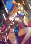  armor blonde_hair breasts character_request claws cleavage_cutout copyright_request holding horn long_hair looking_at_viewer ohland pointy_ears sword weapon yellow_eyes 