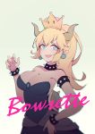  aqua_earrings aqua_eyes bangs bare_shoulders blonde_hair blurry blush borrowed_character bowsette bracelet breasts brooch character_name claw_pose cleavage collar cowboy_shot crown dress eyebrows_visible_through_hair fangs gradient gradient_background hand_on_hip horns jewelry large_breasts long_ponytail looking_down mario_(series) new_super_mario_bros._u_deluxe pointy_ears ponytail short_eyebrows sidelocks smile solo spiked_bracelet spiked_collar spikes strapless strapless_dress super_crown vienri 