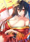  ahoge azur_lane bangs bare_shoulders black_hair blush breasts cleavage collarbone commentary_request eyebrows_visible_through_hair hair_between_eyes hair_ornament highres huge_breasts japanese_clothes kimono large_breasts long_hair long_sleeves looking_at_viewer obi racket_ti1 red_eyes sash smile solo taihou_(azur_lane) very_long_hair wide_sleeves 