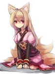  animal_ears bandaid bandaid_on_knee bee_(deadflow) blonde_hair closed_mouth commentary_request dress eyebrows_visible_through_hair fox_ears fox_tail juliet_sleeves long_hair long_sleeves looking_at_viewer multiple_tails original pink_dress puffy_sleeves red_eyes seiza simple_background sitting smile solo tail white_background 