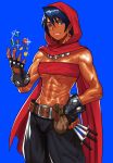  abs black_hair breasts cape dark_skin dungeons_and_dragons earrings fingerless_gloves gem gloves hood hoop_earrings jewelry knife large_breasts midriff moriah muscle muscular_female pants short_hair solo tan uka_(cessa) weapon 