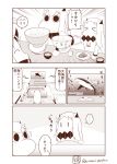  &gt;_&lt; ... 3girls blank_eyes bowl chopsticks collar comic detached_sleeves dress eyes_closed food food_on_face highres holding holding_bowl horn horns kantai_collection kotatsu long_hair mittens monochrome moomin multiple_girls muppo musical_note northern_ocean_hime outstretched_arm rice_bowl sazanami_konami seaport_hime shark shinkaisei-kan spoken_ellipsis standing surprised table tail tail_wagging television translation_request twitter_username watching_television wide_sleeves 