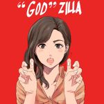  air_quotes blush breasts brown_eyes brown_hair cleavage collared_shirt commentary_request fingernails hair_over_shoulder hands_up looking_at_viewer munakata_(hisahige) nail_polish open_mouth orange_shirt popped_collar red_background round_teeth shin_godzilla shirt simple_background solo teeth upper_body white_nails wing_collar 