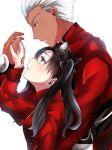  1girl archer black_bow black_hair blue_eyes bow couple eye_contact fate/stay_night fate_(series) from_side getsuyoubi hair_bow holding_hands long_hair looking_at_another looking_down looking_up parted_lips red_sweater silver_hair sweater toosaka_rin twintails yellow_eyes 