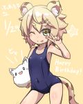  :3 ;p animal_ears bangs blonde_hair blue_swimsuit blush blush_stickers borrowed_character breasts child cleavage commentary_request contrapposto covered_navel cowboy_shot eyebrows eyebrows_visible_through_hair fukurou_(owl222) green_eyes hair_ornament hairclip happy_birthday lion_ears lion_tail looking_at_viewer o_o one-piece_swimsuit one_eye_closed original school_swimsuit small_breasts standing star swimsuit tail thick_eyebrows timestamp tongue tongue_out toramimi-senpai v v_over_eye yellow_background 