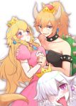  black_dress blonde_hair blue_eyes bowsette bracelet collar crown dress earrings gurifu horns jewelry long_hair luigi's_mansion mario_(series) multiple_girls new_super_mario_bros._u_deluxe pink_dress pointy_ears princess_king_boo princess_peach purple_eyes sharp_teeth spiked_bracelet spiked_collar spiked_shell spikes strapless strapless_dress super_crown super_mario_bros. teeth turtle_shell white_dress white_hair 