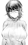  breasts closed_mouth glasses head_tilt highres hometa huge_breasts long_sleeves looking_away original ribbed_sweater short_hair sketch solo sweater 