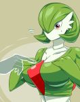  1girl absurdres blush breasts cleavage collarbone creatures_(company) disembodied_limb female flying_sweatdrops game_freak gardevoir gen_3_pokemon green_hair green_skin hair_over_one_eye hands_on_own_chest hands_up highres large_breasts light_blush nintendo no_humans no_mouth pokemon pokemon_(creature) red_eyes shimure shiny shiny_hair short_hair simple_background solo sweat two-tone_background two-tone_skin upper_body white_skin 