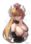  :t armlet bare_shoulders black_dress blonde_hair blue_eyes bowsette bracelet breasts cleavage closed_mouth collar crown detached_collar detached_sleeves dress earrings gem highres horns jewelry large_breasts loading_(vkjim0610) long_hair looking_at_viewer mario_(series) new_super_mario_bros._u_deluxe pointy_ears ponytail pout revealing_clothes solo spiked_bracelet spiked_collar spikes strapless strapless_dress super_crown twitter_username very_long_hair 