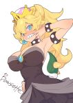  armlet bare_shoulders black_dress blonde_hair blue_eyes bowsette bracelet breasts cleavage collar crown dress highres horns jewelry large_breasts looking_at_viewer mario_(series) new_super_mario_bros._u_deluxe sharp_teeth shell simple_background spiked_bracelet spiked_collar spikes sumaki_shungo super_crown super_mario_bros. teeth 