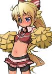  bike_shorts blonde_hair blush body_blush bow breasts character_request cheerleader closed_mouth collared_shirt contrapposto embarrassed eyepatch fukurou_(owl222) hair_bow long_hair looking_at_viewer miniskirt navel one_eye_covered original pleated_skirt pom_poms ponytail purple_eyes red_bow red_skirt shirt simple_background skirt small_breasts solo standing stomach sweatdrop very_long_hair white_background wing_collar 