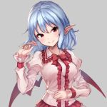  blue_hair blush bow bowtie grey_background junior27016 long_sleeves looking_at_viewer pointy_ears red_eyes remilia_scarlet smile solo touhou upper_body wings 