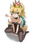  arm_support armlet asanagi bangs bare_shoulders between_legs black_legwear black_leotard black_nails blonde_hair blue_eyes blush bowsette bracelet breathing_fire clenched_teeth collar commentary_request crown earrings feet fingernails fire flat_chest gem hair_between_eyes hand_between_legs high_ponytail highleg highleg_leotard highres horns jewelry leotard lizard_tail looking_at_viewer mario_(series) medium_hair nail_polish new_super_mario_bros._u_deluxe no_shoes pantyhose pointy_ears ponytail sapphire_(stone) scowl shadow sharp_teeth short_eyebrows short_pointy_ears sidelocks simple_background sitting solo spiked_armlet spiked_bracelet spiked_collar spiked_shell spiked_tail spikes spread_legs strapless strapless_leotard super_crown tail teeth thighband_pantyhose turtle_shell v-shaped_eyebrows v_arms wariza white_background younger 