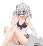  bikini black_bikini blue_eyes blush breasts closed_mouth commentary_request dated eyebrows_visible_through_hair grey_hair hair_between_eyes hand_on_eyewear kantai_collection kashima_(kantai_collection) long_hair looking_at_viewer medium_breasts meguru_(megurunn) simple_background sitting solo sparkle sunglasses swimsuit twintails twitter_username white_background 