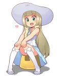  bare_shoulders blonde_hair blush braid commentary_request convenient_leg dress eyebrows_visible_through_hair flat_chest fukurou_(owl222) full_body green_eyes hands_on_own_knees happy hat heart highres jpeg_artifacts kneehighs knees_together_feet_apart lillie_(pokemon) long_hair open_mouth pigeon-toed pokemon pokemon_(game) pokemon_sm shiny shiny_hair shiny_skin shoes simple_background sitting sleeveless sleeveless_dress smile solo stool sun_hat tied_hair twin_braids white_background white_dress white_footwear white_hat white_legwear 
