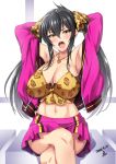  animal_print armpits arms_behind_head artist_name bangs bare_shoulders black_hair blush breasts cleavage collarbone commentary_request crossed_legs dated eyebrows_visible_through_hair eyelashes hair_between_eyes heart heart_necklace highres idolmaster idolmaster_cinderella_girls jacket jewelry large_breasts leopard_print long_hair looking_at_viewer matoba_risa midriff miniskirt navel necklace off_shoulder older open_clothes open_jacket open_mouth pink_jacket pink_skirt sitting skirt solo textless thighs twintails white_background yellow_eyes yoohi 