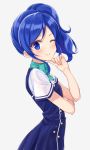  ;) aikatsu! aikatsu!_(series) bangs blue_dress blue_eyes blue_hair blush bow closed_mouth dress fingernails forehead green_bow grey_background hand_up head_tilt highres kiriya_aoi long_hair looking_at_viewer looking_to_the_side one_eye_closed rurukuru shirt short_sleeves side_ponytail sidelocks simple_background sleeveless sleeveless_dress smile solo white_shirt 