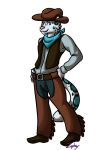  2017 anthro bandanna belt biped clothed clothing english_text feline fully_clothed hat leopard male mammal naughtygryph signature simple_background smile snow_leopard standing text victory_(texdot) white_background 