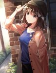  blue_shirt brown_coat brown_eyes brown_hair brown_hat coat collarbone day hair_between_eyes hat head_tilt index_finger_raised jewelry k-me looking_at_viewer necklace open_clothes open_coat original outdoors shiny shiny_hair shirt short_hair smile solo 